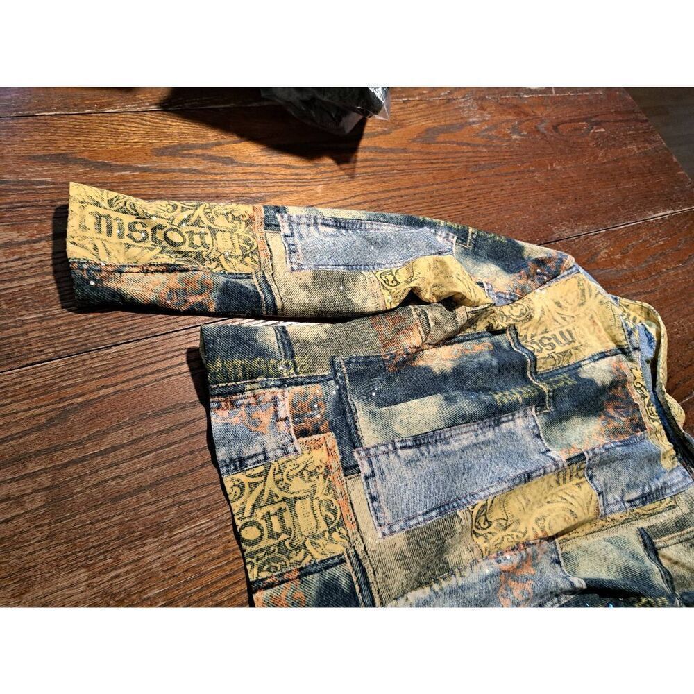 Size 8 Joseph Ribkoff Long Sleeve Zip Faux Denim Shirt Jacket Blue Yellow Orange - Picture 8 of 8